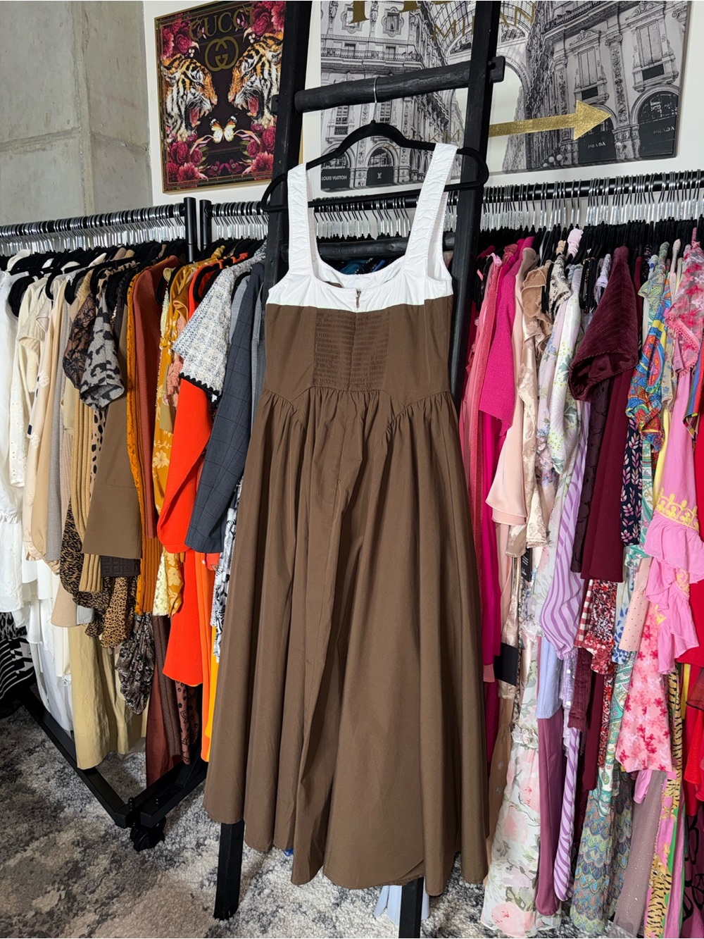 Moon River Two Tone Drop Waist Peekaboo Midi Dress Brown White Women’s Large - Picture 7 of 12